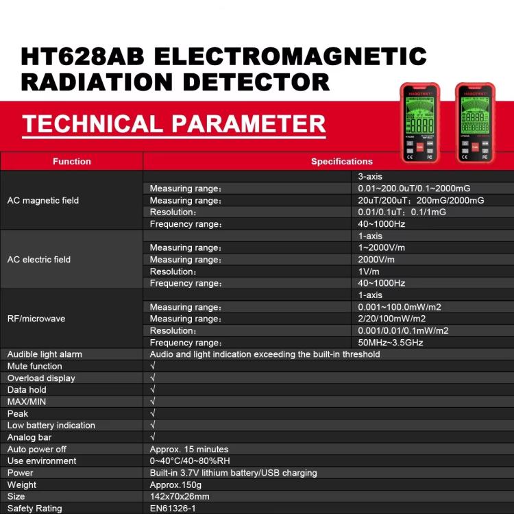 HABOTEST HT628B Multi-Field EMF Meter Rechargeable Electromagnetic Radiation Tester, HT628B – Waterproof, Magnetic