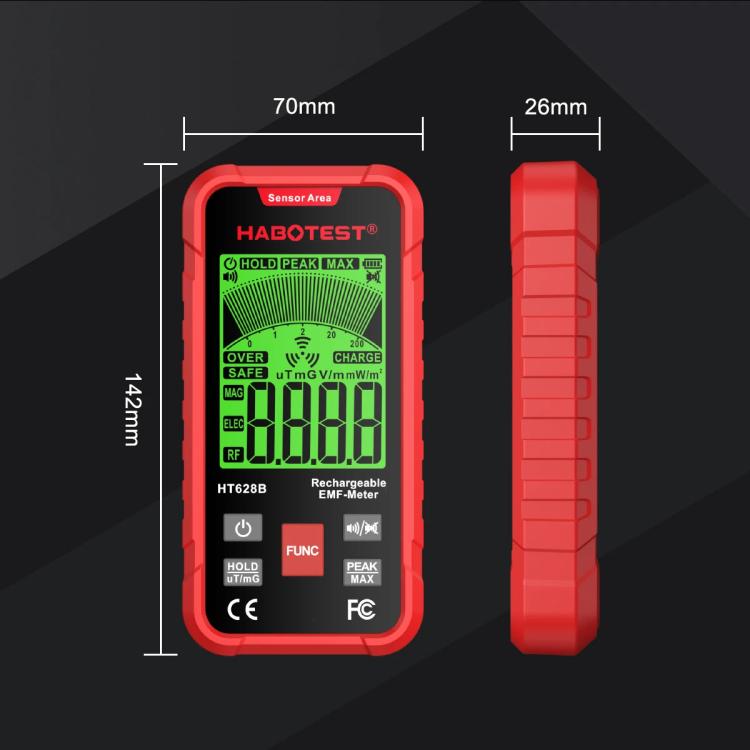 HABOTEST HT628B Multi-Field EMF Meter Rechargeable Electromagnetic Radiation Tester, HT628B – Waterproof, Magnetic