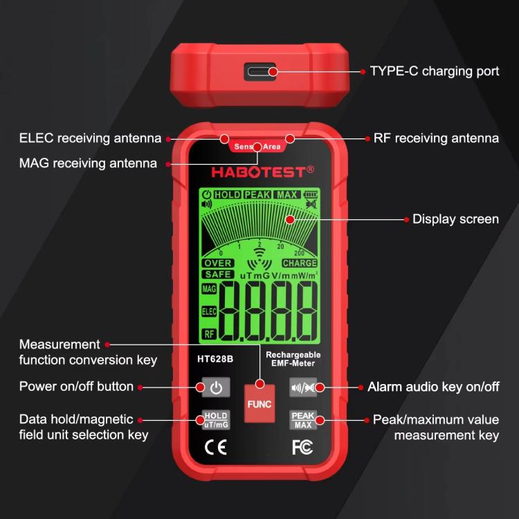 HABOTEST HT628B Multi-Field EMF Meter Rechargeable Electromagnetic Radiation Tester, HT628B – Waterproof, Magnetic