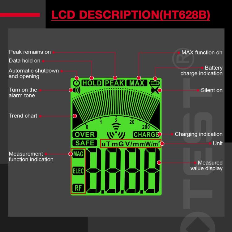 HABOTEST HT628B Multi-Field EMF Meter Rechargeable Electromagnetic Radiation Tester, HT628B – Waterproof, Magnetic
