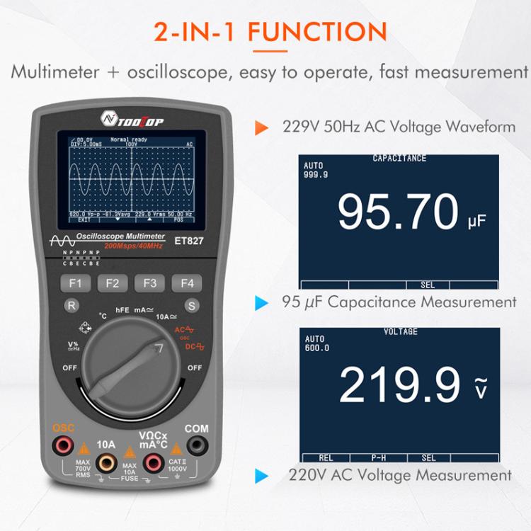 Oscilloscope Multimeter 200Msps Sampling Rate 40MHz Oscilloscope + Multimeter 2 In 1, ET827 – Durable Build, Easy to Use