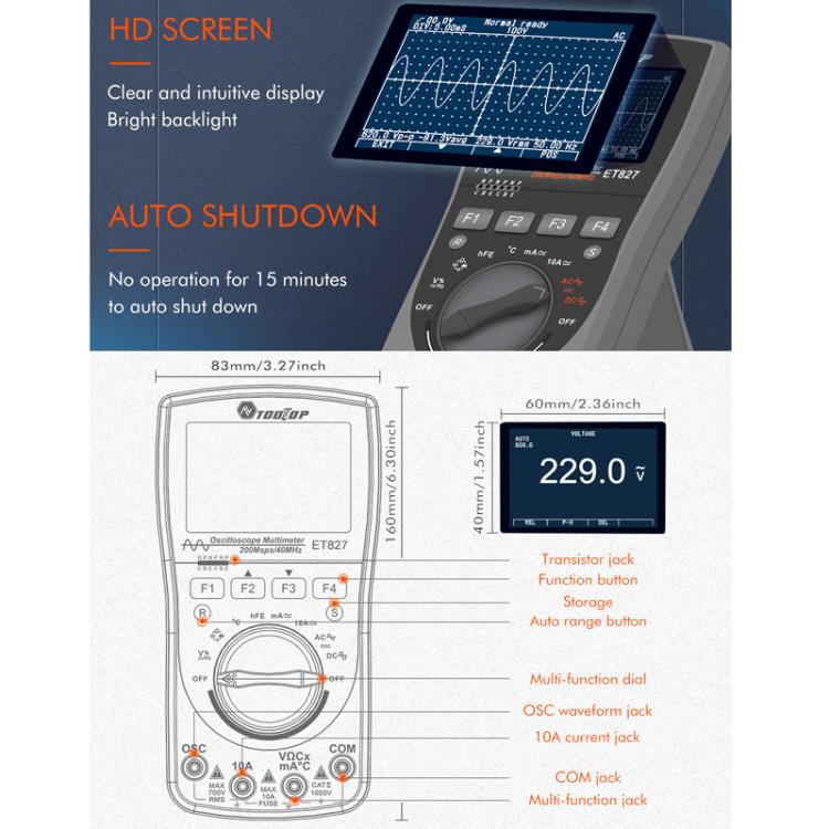 Oscilloscope Multimeter 200Msps Sampling Rate 40MHz Oscilloscope + Multimeter 2 In 1, ET827 – Durable Build, Easy to Use