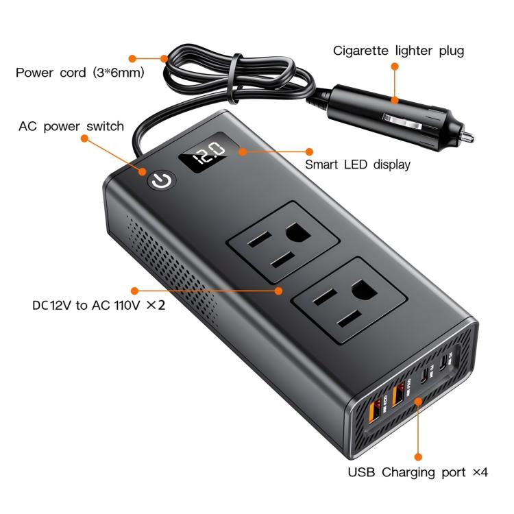 DC12V 200W Fast Charging QC3.0 PD Car Cigarette Lighter Portable Inverter, 110V US Plug, 220V Universal – Fast Charging, TPU