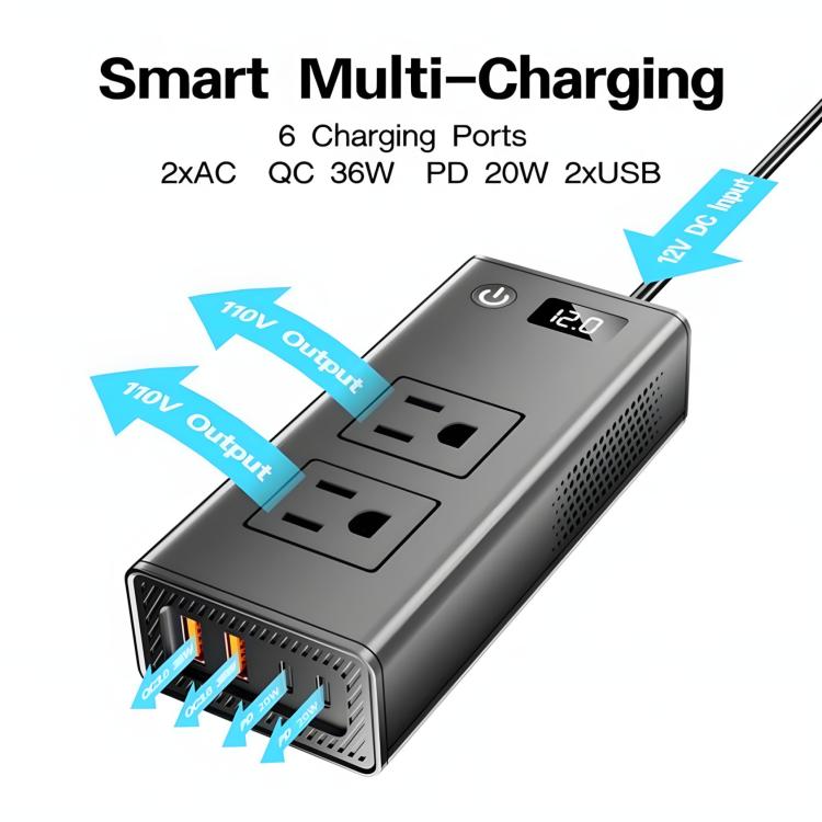 DC12V 200W Fast Charging QC3.0 PD Car Cigarette Lighter Portable Inverter, 110V US Plug, 220V Universal – Fast Charging, TPU