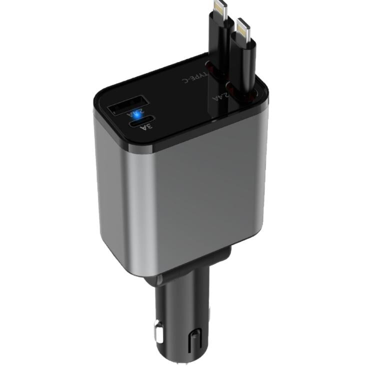 PD30W Car Charger With Retractable Cable, TYPE-C+8 Pin, TYPE-C+TYPE-C, 8 Pin+8 Pin – Fast Charging, TPU 8 Pin+8 Pin
