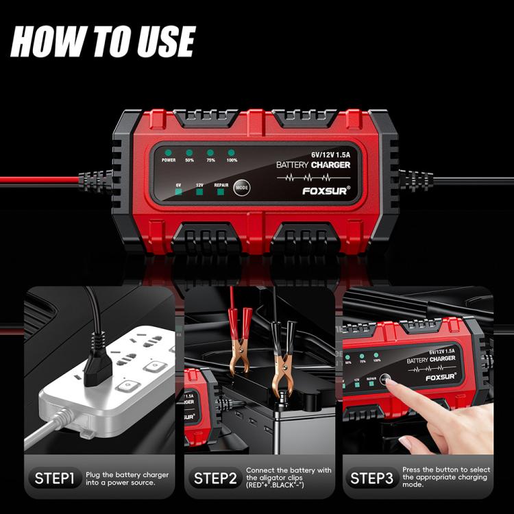 FOXSUR Smart 6V/12V 1.5A Battery Charger 4AH-30AH Lead Acid Battery Maintainer For Motorcycle/Car/ATV, EU Plug, US Plug, UK Plug – TPU