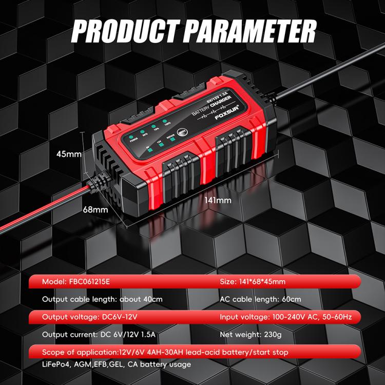 FOXSUR Smart 6V/12V 1.5A Battery Charger 4AH-30AH Lead Acid Battery Maintainer For Motorcycle/Car/ATV, EU Plug, US Plug, UK Plug – TPU