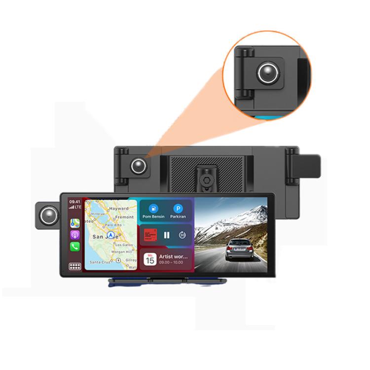 Voice-Controlled CarPlay With Split-Screen Dual-Camera Dashcam, Front Camera + Interior View, With Rear View Camera Front Camera + Interior View