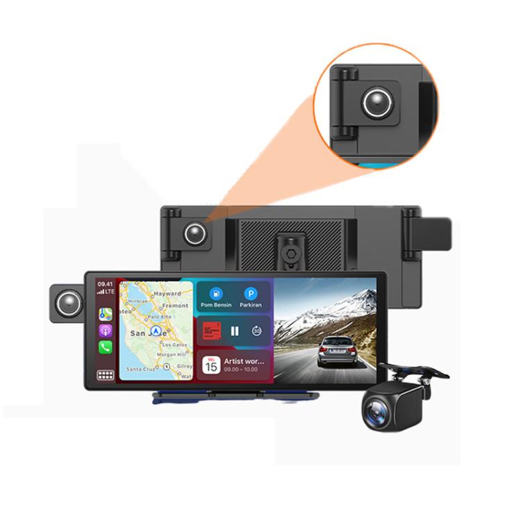 Voice-Controlled CarPlay With Split-Screen Dual-Camera Dashcam, Front Camera + Interior View, With Rear View Camera – Bluetooth With Rear View Camera