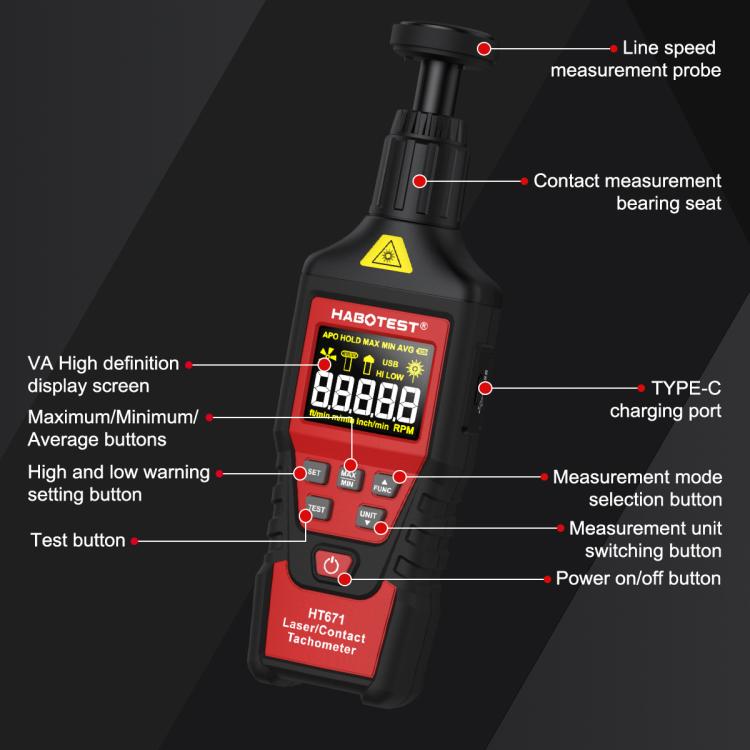 HABOTEST Photoelectric Digital Display Handheld Tachometer