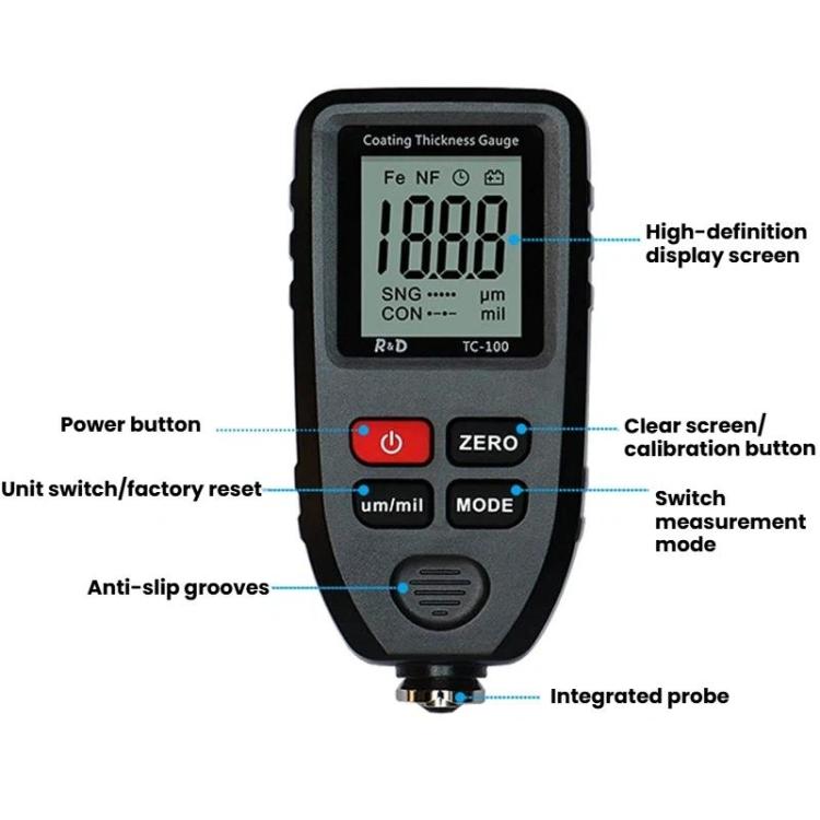 R&D INSTRUMENTS TC-100 High-Precision Coating Thickness Gauge Automotive Paint Film Thickness Tester, TC-100 – Wear-resistant, Magnetic
