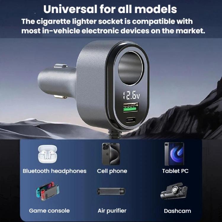 120W Car Cigarette Lighter With Voltage Display Car Phone Charger With Spring Cable, GE09