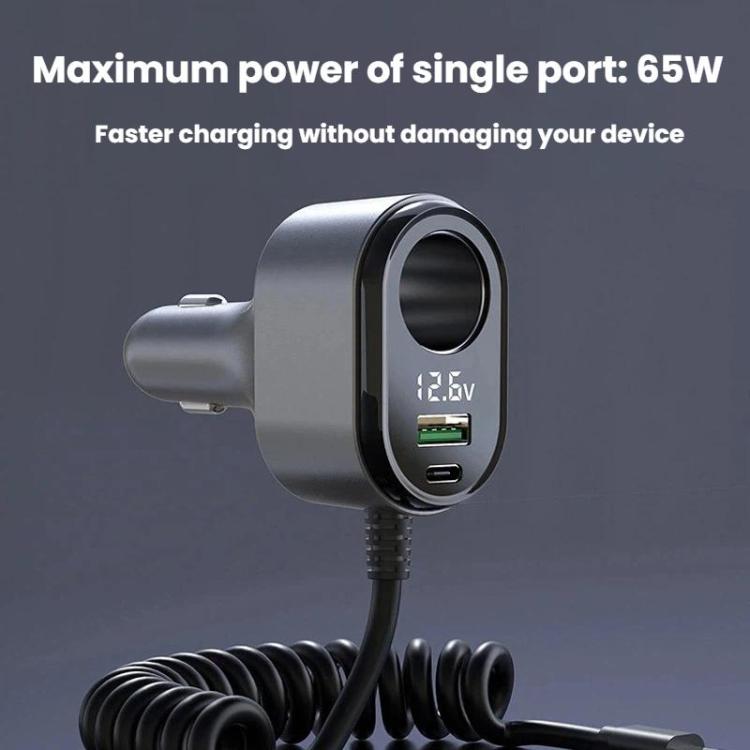 120W Car Cigarette Lighter With Voltage Display Car Phone Charger With Spring Cable, GE09