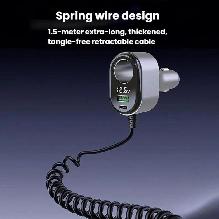 120W Car Cigarette Lighter With Voltage Display Car Phone Charger With Spring Cable, GE09