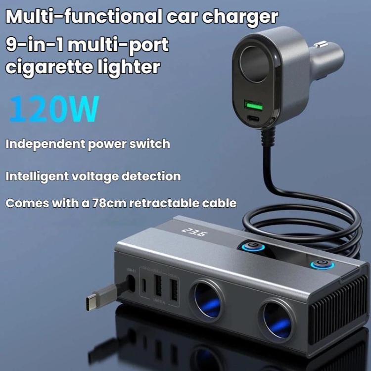 1 To 9 Car Cigarette Lighter With Independent Switches Voltage Display & Retractable Cable Car Charger, GE08 – Fast Charging, TPU