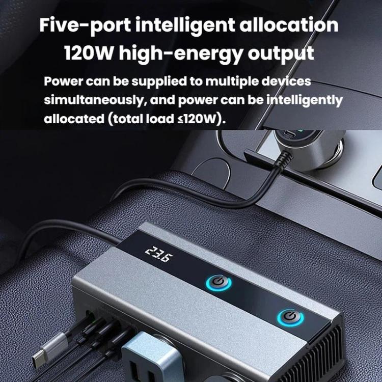 1 To 9 Car Cigarette Lighter With Independent Switches Voltage Display & Retractable Cable Car Charger, GE08 – Fast Charging, TPU
