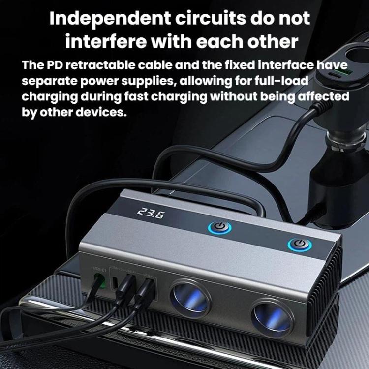 1 To 9 Car Cigarette Lighter With Independent Switches Voltage Display & Retractable Cable Car Charger, GE08 – Fast Charging, TPU