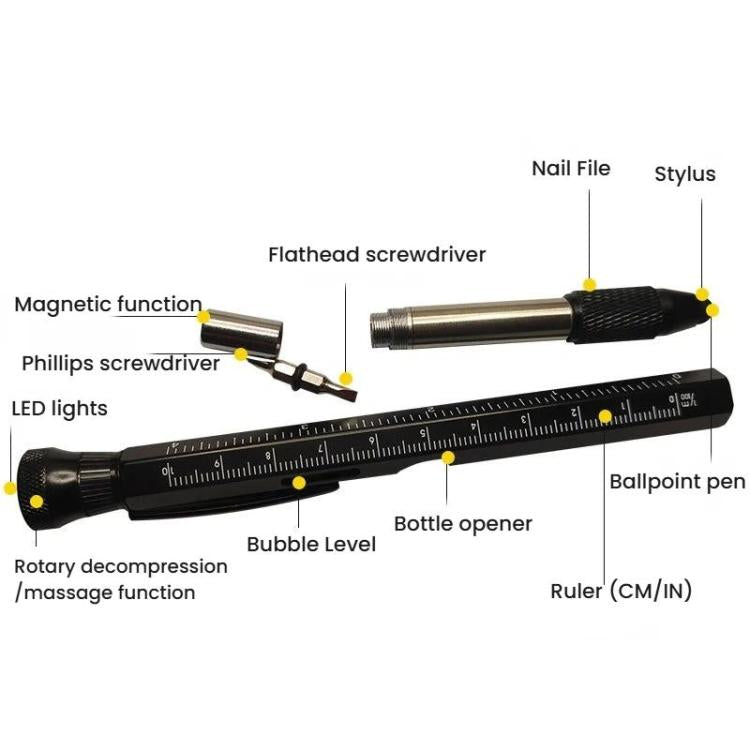 12-In-1 Multifunctional EDC Tool Pen With LED Light, Ruler Scale, Stylus, Bottle Opener & Magnetic Tip For Fidget Relief