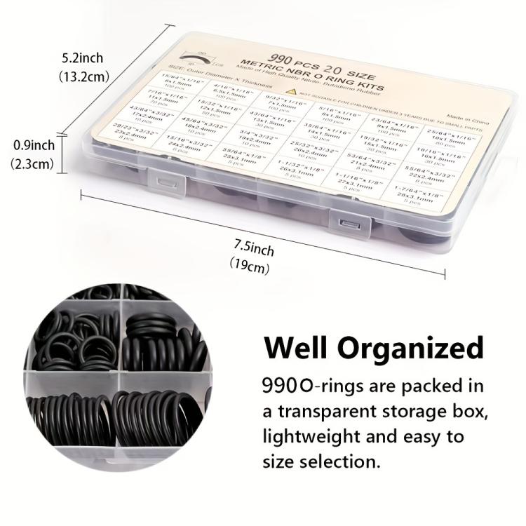 990pcs /Set NBR O-Ring Kit 20 Sizes Metric Nitrile Rubber Sealing Rings for High Pressure Washer, Automotive, Plumbing & Industrial Seals