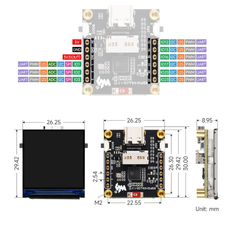 WAVESHARE ESP32-C6 1.3-Inch LCD Display Development Board, Without Pin Header, With Soldered Pin Header
