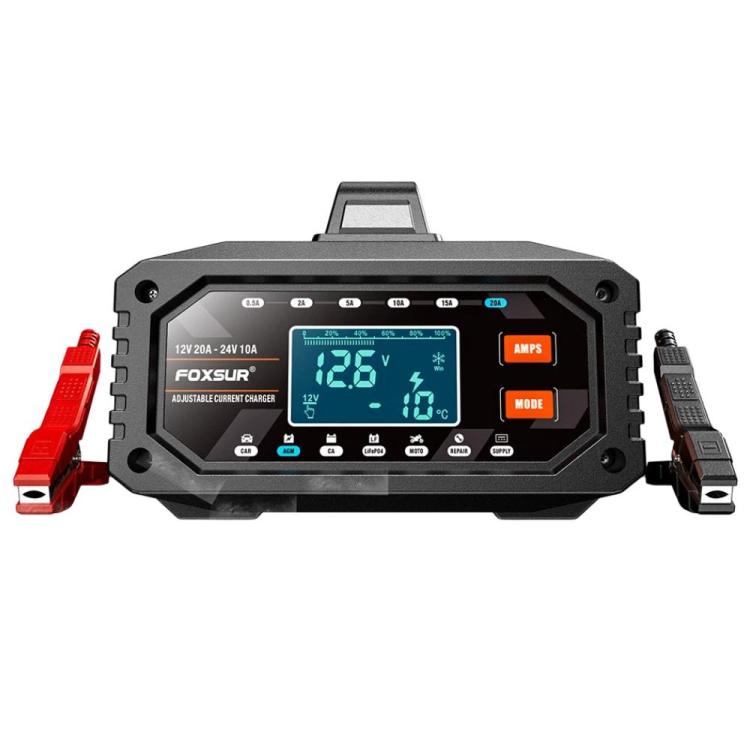 Foxsur 20A 12V/24V Portable Car Motorcycle Battery Charger, US Plug, EU Plug, UK Plug, AU Plug, JP Plug