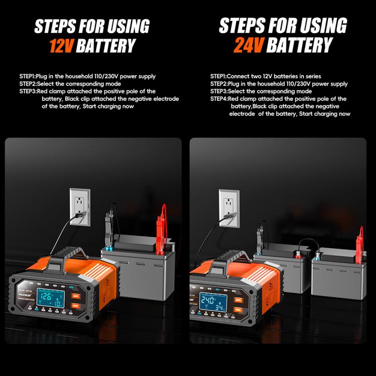 Foxsur 20A 12V/24V Portable Car Motorcycle Battery Charger, US Plug, EU Plug, UK Plug, AU Plug, JP Plug