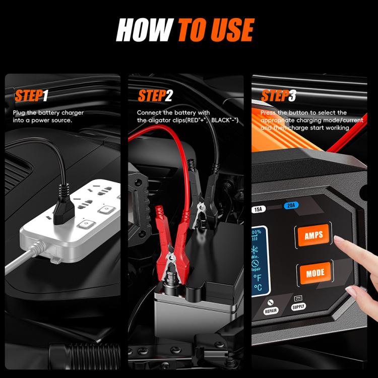 Foxsur 20A 12V/24V Portable Car Motorcycle Battery Charger, US Plug, EU Plug, UK Plug, AU Plug, JP Plug
