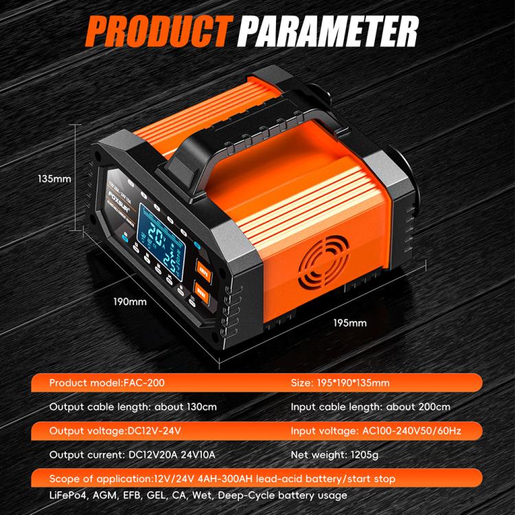 Foxsur 20A 12V/24V Portable Car Motorcycle Battery Charger, US Plug, EU Plug, UK Plug, AU Plug, JP Plug