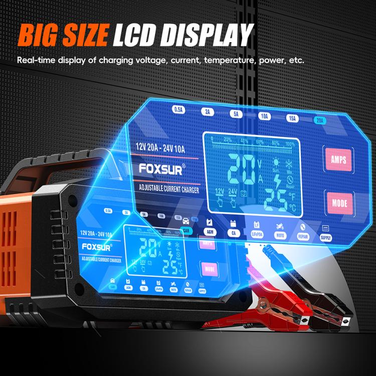 Foxsur 20A 12V/24V Portable Car Motorcycle Battery Charger, US Plug, EU Plug, UK Plug, AU Plug, JP Plug