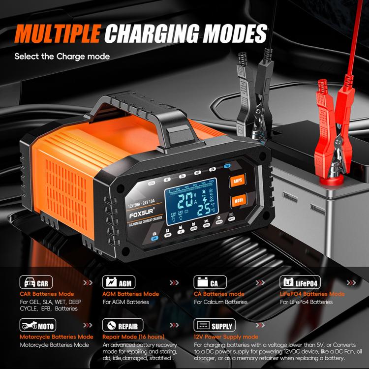 Foxsur 20A 12V/24V Portable Car Motorcycle Battery Charger, US Plug, EU Plug, UK Plug, AU Plug, JP Plug