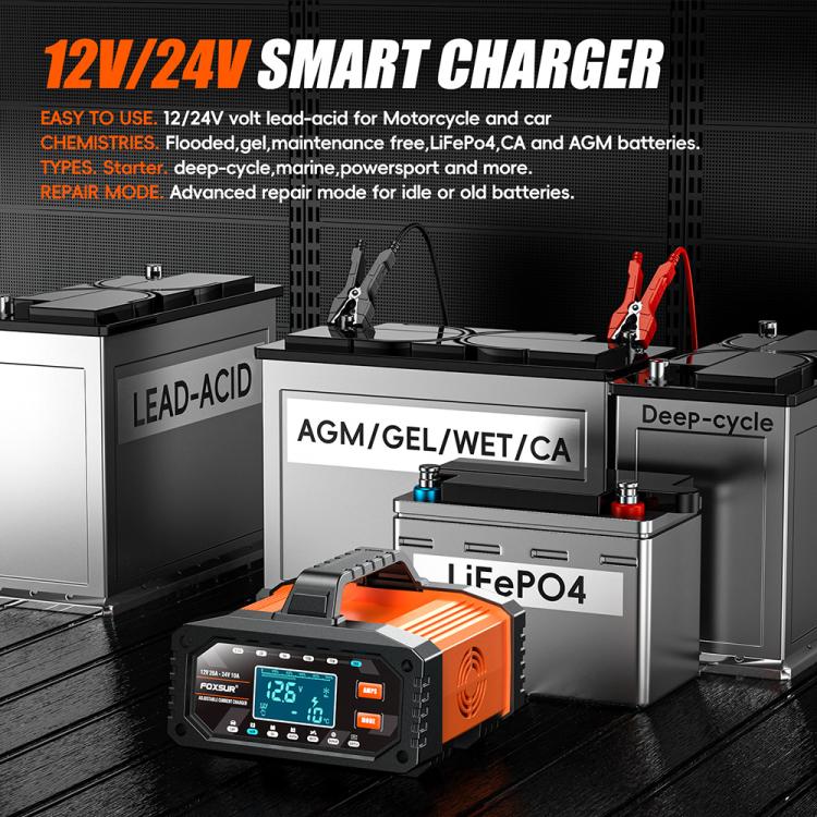 Foxsur 20A 12V/24V Portable Car Motorcycle Battery Charger, US Plug, EU Plug, UK Plug, AU Plug, JP Plug