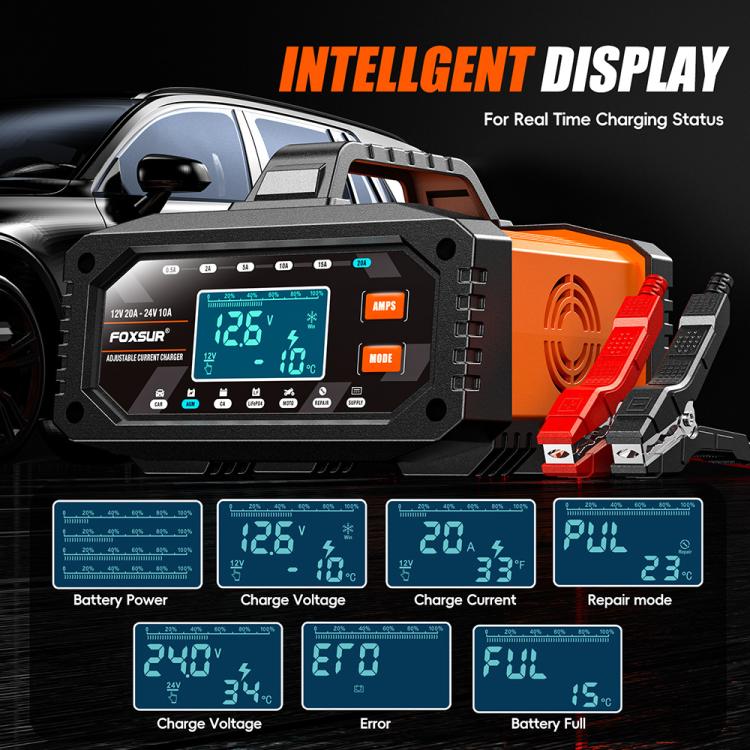 Foxsur 20A 12V/24V Portable Car Motorcycle Battery Charger, US Plug, EU Plug, UK Plug, AU Plug, JP Plug