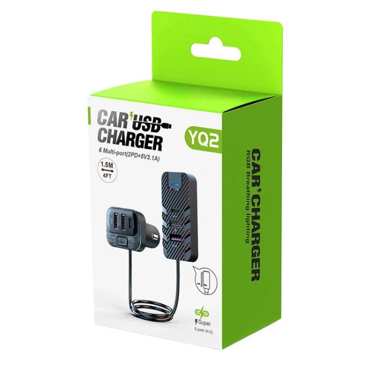 YQ2 6-Port Multi-Function Car Phone Charger 66W Fast Charging Car Charger With Cable, YQ2 – Fast Charging, TPU