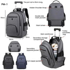 Large Capacity Wheeled Backpack for Men Carry-On Trolley Laptop Backpack with Hidden Shoulder Straps