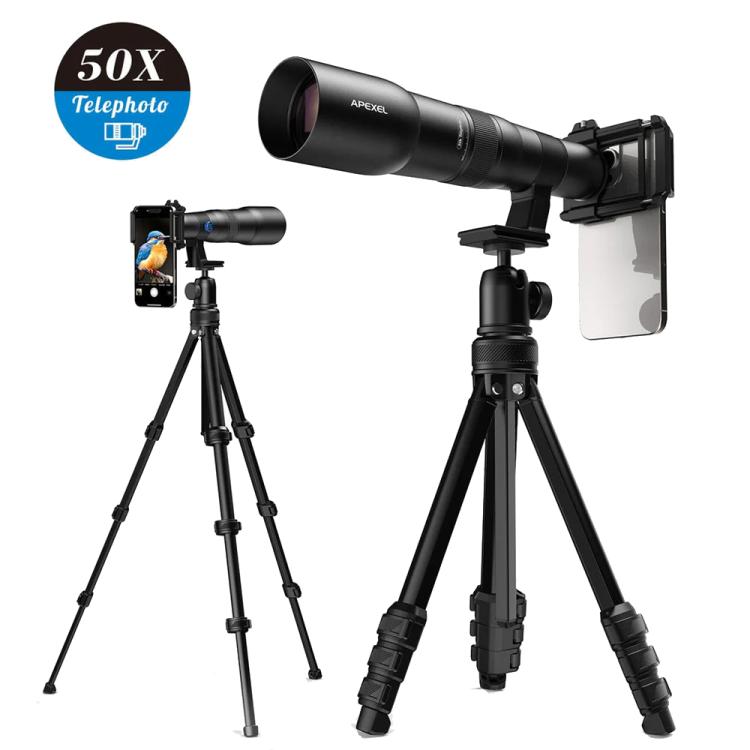 APEXEL TeleCular 50x Telephoto Lens Kit for Smartphone with 360-degree Ball Head Tripod & Internal Focus, APL-T50X – Aluminum Alloy APL-T50X