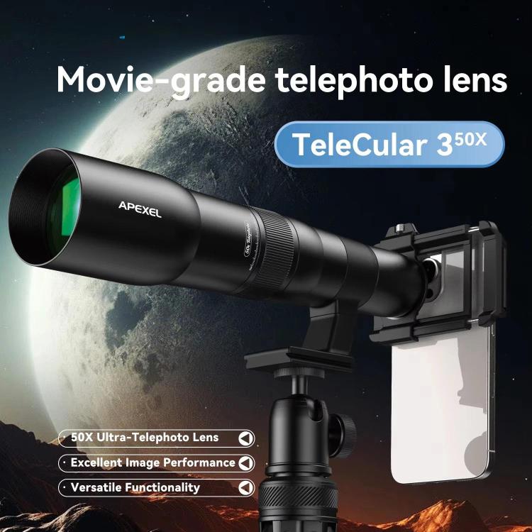 APEXEL TeleCular 50x Telephoto Lens Kit for Smartphone with 360-degree Ball Head Tripod & Internal Focus, APL-T50X – Aluminum Alloy