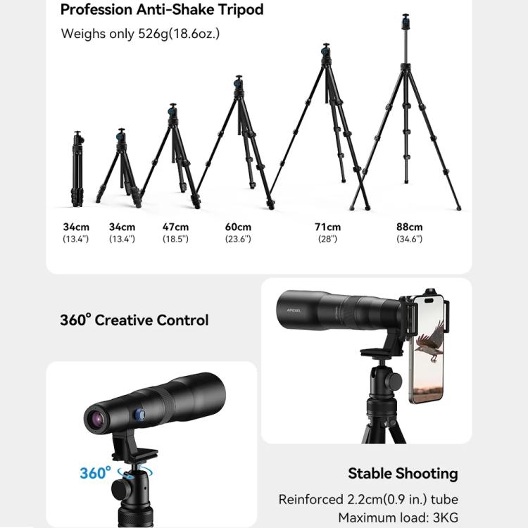 APEXEL TeleCular 50x Telephoto Lens Kit for Smartphone with 360-degree Ball Head Tripod & Internal Focus, APL-T50X – Aluminum Alloy