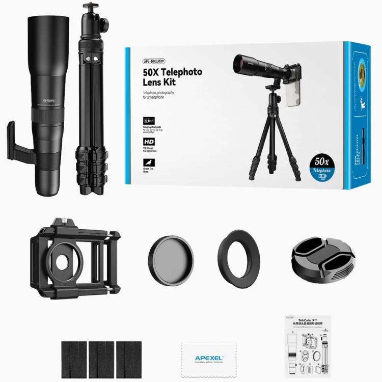 APEXEL TeleCular 50x Telephoto Lens Kit for Smartphone with 360-degree Ball Head Tripod & Internal Focus, APL-T50X – Aluminum Alloy