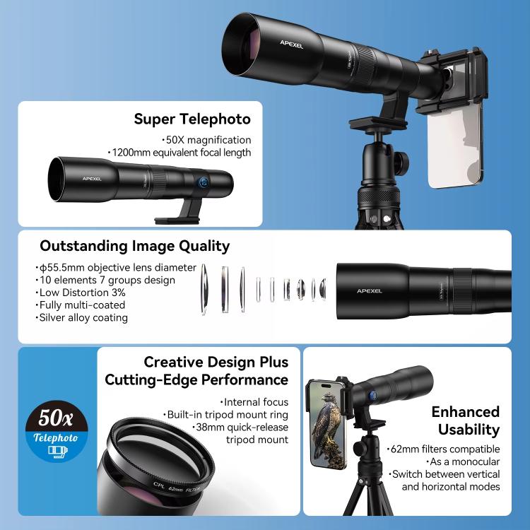 APEXEL TeleCular 50x Telephoto Lens Kit for Smartphone with 360-degree Ball Head Tripod & Internal Focus, APL-T50X – Aluminum Alloy