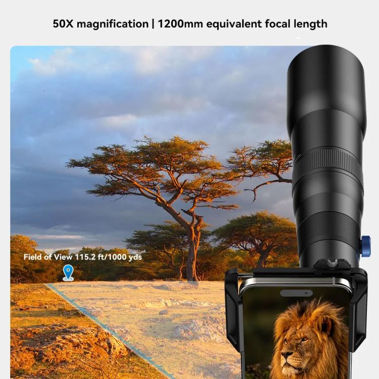 APEXEL TeleCular 50x Telephoto Lens Kit for Smartphone with 360-degree Ball Head Tripod & Internal Focus, APL-T50X – Aluminum Alloy