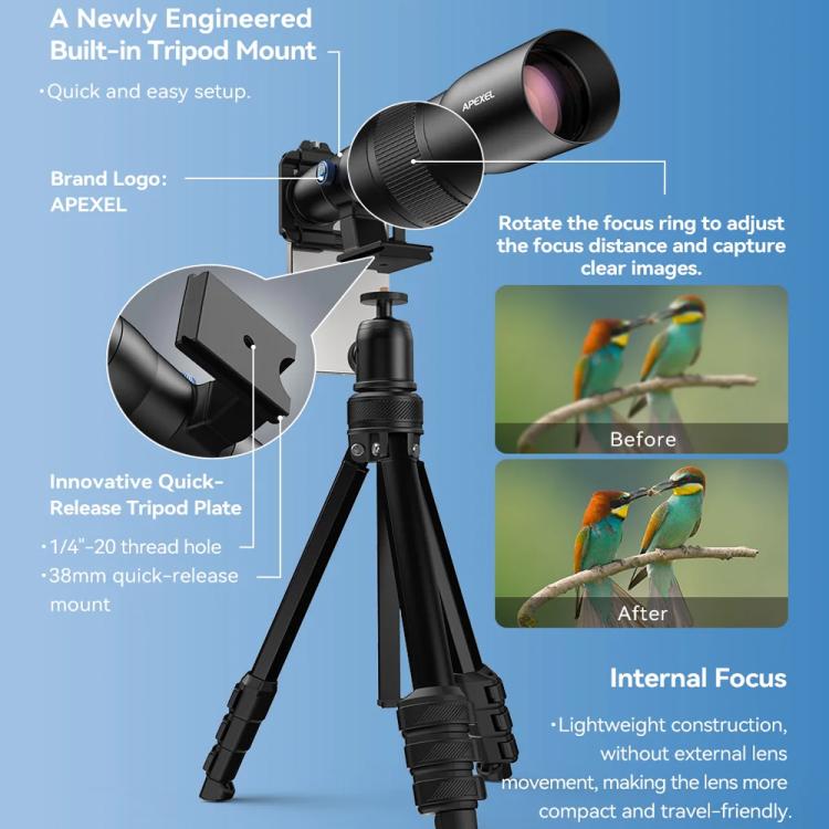 APEXEL TeleCular 50x Telephoto Lens Kit for Smartphone with 360-degree Ball Head Tripod & Internal Focus, APL-T50X – Aluminum Alloy
