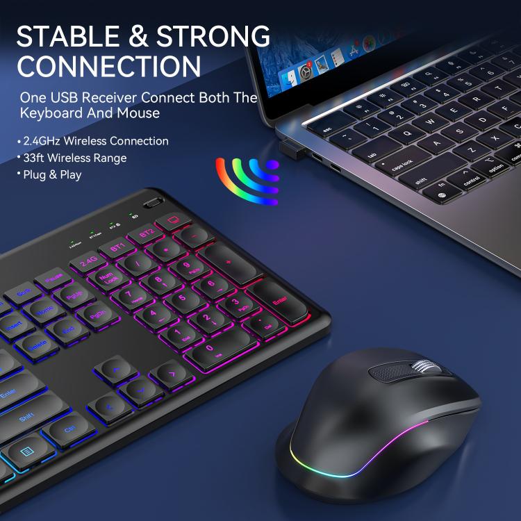 Wireless Keyboard and Mouse Set with Phone/Tablet Slot RGB Backlit Rechargeable Keyboard Mouse Combo, 2.4G Single Mode, 2.4G & Bluetooth – Bluetooth