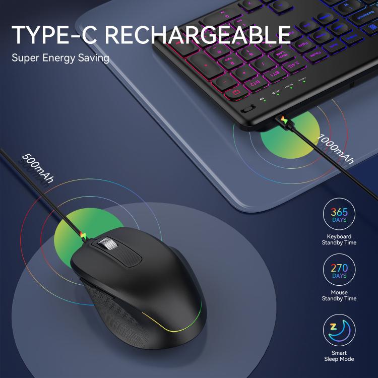 Wireless Keyboard and Mouse Set with Phone/Tablet Slot RGB Backlit Rechargeable Keyboard Mouse Combo, 2.4G Single Mode, 2.4G & Bluetooth – Bluetooth