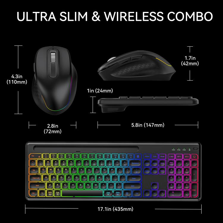 Wireless Keyboard and Mouse Set with Phone/Tablet Slot RGB Backlit Rechargeable Keyboard Mouse Combo, 2.4G Single Mode, 2.4G & Bluetooth – Bluetooth