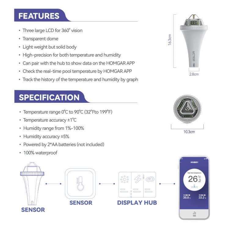 BALDR Wireless Floating Pool Thermometer With Indoor Receiver 360-Degree Triple Screen LCD Display Remote App Control, B0565T
