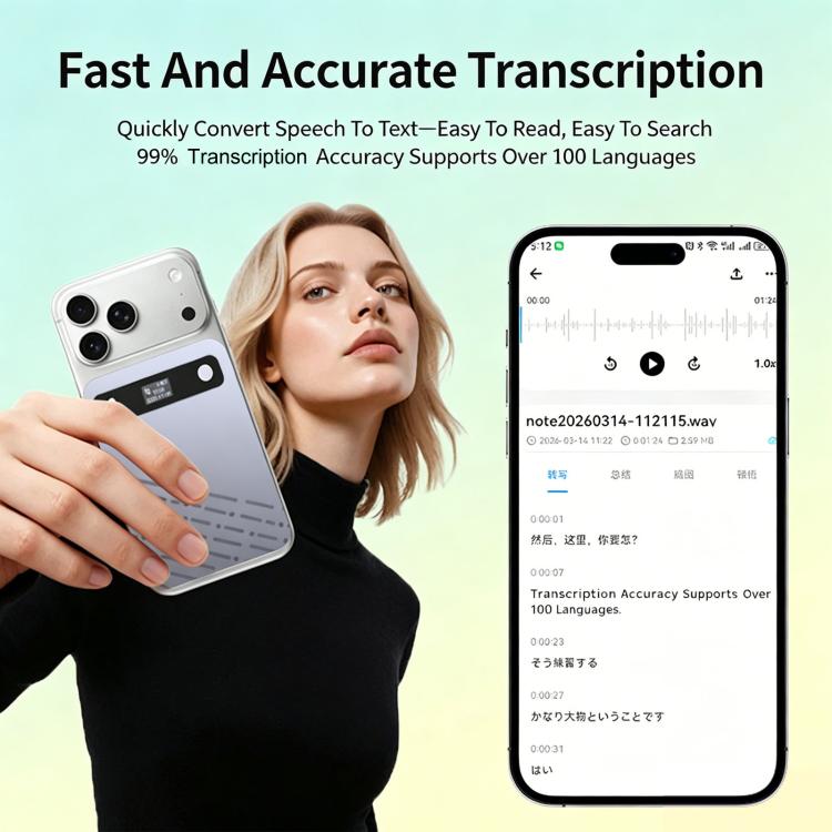 B86 Intelligent Noise-Reduction & Transcription Card-Shaped Voice Recorder, Bluetooth Magnetic AI Translator, 32GB, 64GB, No Memory Card – Magnetic, Bluetooth, Wireless Charging