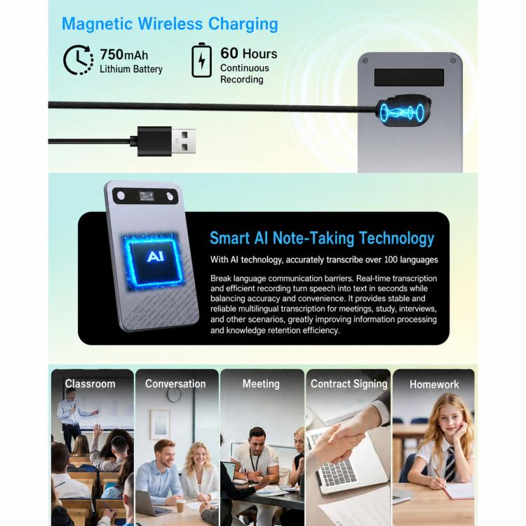 B86 Intelligent Noise-Reduction & Transcription Card-Shaped Voice Recorder, Bluetooth Magnetic AI Translator, 32GB, 64GB, No Memory Card – Magnetic, Bluetooth, Wireless Charging