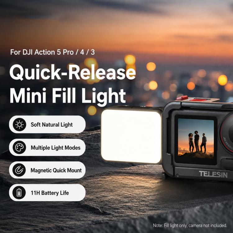 TELESIN Quick-Release Mini Vlog Fill Light, IPX5 Waterproof Magnetic LED Video Light With 3 Color Temps – Waterproof, Magnetic, TPU, For DJI Action 5 Pro/4/3 For DJI Action 5 Pro 4 3