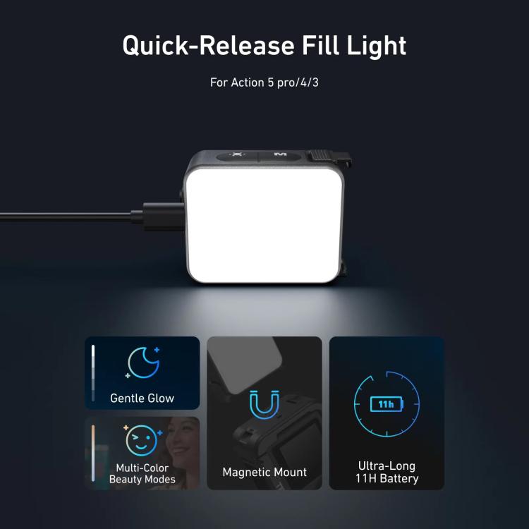 TELESIN Quick-Release Mini Vlog Fill Light, IPX5 Waterproof Magnetic LED Video Light With 3 Color Temps – Waterproof, Magnetic, TPU, For DJI Action 5 Pro/4/3