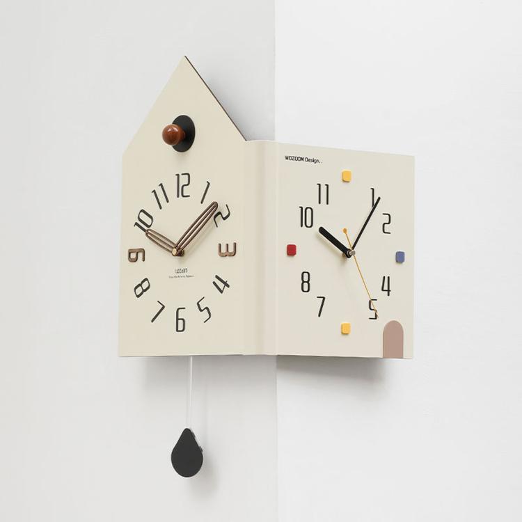 wozoom Modern Corner Double Sided Wall Clock Silent House Shaped Decorative Clock, Cream White Medium, Cream White Large, Yellow Medium, Yellow Large, White Medium, White Large Cream White Medium